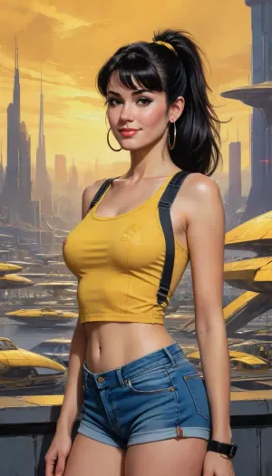 alcohol ink marker portrait sketch of a MILF, yellow crop top, suspenders, side ponytail, black hair, denim shorts, solo, smiling, blushing, looking at viewer, futuristic utopia city scene with spaceships in background, concept art by syd mead, blade runner, <lora:concept_art_syd_mead:.9>