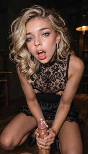 POV, (she likes being as slave), (she love being as hooker), perverted, kinky, whore, (shemale:1.4), (Trans woman:1.4), (futanari:1.2), ((femboy)), ((sissy boy)), androgynous face, slender face, slender body, small tits, play nipple, (squatting on floor), a tight black lace dress top, sleeveless, nipple piercing, (ahegao:1.2), ((she hold her penis as hand job)), (she jerk off her penis with a hand), solo, perfect hand position, perfect penis position, (lot of cum from her penis), dark room, dark, dim lighting