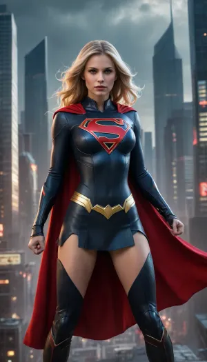 (futuristic-sci-fi image), menacingly seductive evil Supergirl, (tyrannical ruler of Earth), long blonde hair, sinister yet alluring expression, red cape, (black form-fitting skimpy steel armor, big neckline cutout), commanding presence, (flying over a sprawling futuristic city), neon-lit skyline, dark ominous clouds above, vibrant colors reflecting off buildings, (ultra-detailed), dramatic lighting, captivating atmosphere. full of hate and anger, angry and violent face expression