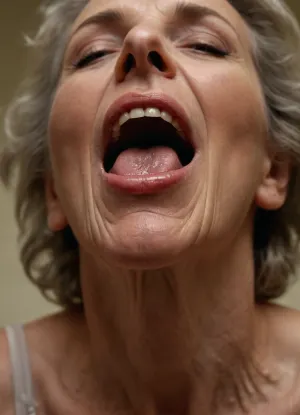 ((View from below)), view underneath, mature lady sucking cock, facefucked, pulled by hair, messy, sloppy, (saliva dripping towards the viewer), big saggy breasts, in her 50s, skin blemishes, old skin, wrinkles, (saliva running on neck and breasts), saliva dripping from chin, motion blur, in motion, swinging breasts, lipgloss, (wide angle), strong makeup, old, granny, (looking up), skinny, french