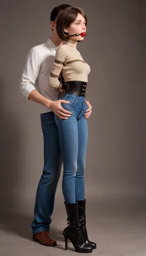 (1 woman + 1 man), helen parr is, (tied in bondage:1.3), (standing:1.2), and she have her, (hands tied in her back:1.4), she get her, (ass groped by a man:1.3), standing in her back, (ass grab:1.4), small breasts, petite, (extremely big round buttocks:1.3), (high waist tight jeans:1.3), (high heels leather high boots:1.3), (slim waist), beautiful face, tan skin, tan long sleeve shirt, full body, side view, clothes, ballgag, ruined, makeup, <lora:ahxl_v1:2>, <lora:sdxl_ballgags:1.8>, <lora:shibari_bondage_-_v0.9.1.2-000010:1.9>, <lora:ruined1:1.4>
