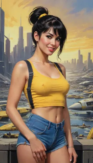 alcohol ink marker portrait sketch of a MILF, yellow crop top, suspenders, side ponytail, black hair, denim shorts, solo, smiling, blushing, looking at viewer, futuristic utopia city scene with spaceships in background, concept art by syd mead, blade runner, <lora:concept_art_syd_mead:.9>