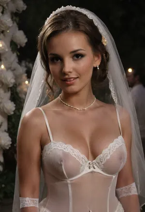 high resolution, high quality, dark scene at night, closeup of face, cute Devon, smile, pearl choker, pearl earrings, (brunette Hair in elaborate updo:1.4), (standing model posing, (wedding dress:1.2), (sheer white corset:1.2), (wedding veil:1.3), (white lace gloves), nipslip, very cute, smile, out of focus colorful flowers in a romantic outdoor background, outdoors, 3 men behind her, on, face, bukkake, cum), bellissima, downblouse, nipslip, d3v0n, 1woman, clothes, seethru, <lora:LesFemmesXL_v1.0:1.5>, <lora:dark:.4>, <lora:RealDownblouseXL2:.9>, <lora:Devon:1.4>, <lora:seethruv3_SDXL:.5>