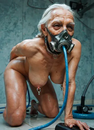 A full body view, nude, (metal neck brace), (an old woman of 69 years old:1.6), (massive, saggy tits), (nipple piercings), (gas mask with hose:1.2), A machine feeding a woman with a gas mask through a hose.

portrait, focus on face, looking up, on all fours, (forced feeding), (hose connected to mouth), (fuck machine:1.1), happy, (score_9, score_8_up, score_7_up, UHD 8K, masterpiece, best quality, maximum details, natural light, extreme realism, cinematic still)