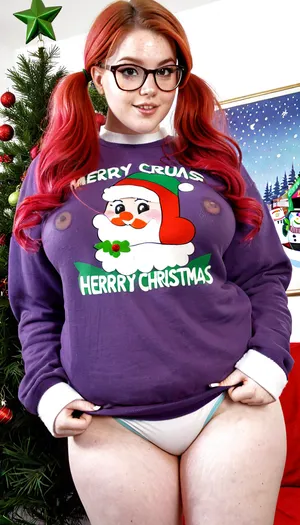 Photorealistic, high resolution photograph of an pale chubby redhead 20 year old beauty. Healthy vibrant skin. Nerd with freckles. She is taking off an oversized Christmas sweatshirt. She has no pants. She has small breasts. She has glasses. Her hair is in frizzy pigtails, . ponychar3-RBSYPV3, curvaceous2, long, hair, looking, at, viewer, burgundy, brown, eyes, mole, portrait, freckles, pierced nipples, realistic, <lora:RMSDXL_Photo:1.7>, <lora:ponychar3-0-RBSYPV3:1.8>