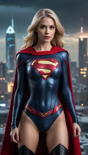 (futuristic-sci-fi image), menacingly seductive evil Supergirl, (tyrannical ruler of Earth), long blonde hair, sinister yet alluring expression, red cape, (black form-fitting skimpy steel armor, big neckline cutout), commanding presence, (flying over a sprawling futuristic city), neon-lit skyline, dark ominous clouds above, vibrant colors reflecting off buildings, (ultra-detailed), dramatic lighting, captivating atmosphere. full of hate and anger, angry and violent face expression