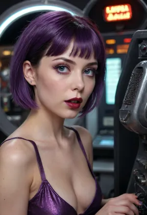 a woman is working inside a jukebox machine, sexy dress, very tight working space, singing, photo realistic, ((masterpiece)), ((best quality)), 8k, high detailed, ultra-detailed, detailed face, Stunning photo, highest quality, high viewing angle, 19 years old, insanely attractive face, I am a very bad depraved girl. I stretch my anus using special tools and equipment to produce large amounts of milk.unreal blue eyelashes
my breasts swell, they overflow with milk, the nipples enlarge and the milk begins to flow, I connect a special device for collecting milk, ED209-1024, ((dark purple lipstick with a bright burgundy lip outline)), (short haircut with bangs, shiny platinum hair), DonMM4ch1n3W0rldXL, <lora:ED209-1024:1.8>, <lora:HV_orientation_Rainbow_Lips:2>, <lora:DonMM4ch1n3W0rldXL:1.9>