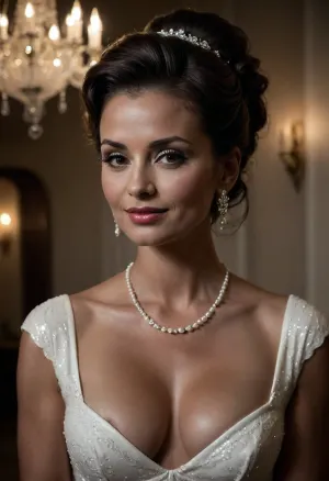 high resolution, high quality, dark scene at night, closeup of face, elegant middle aged woman, seductive smile, large pearl choker around neck, long pearl necklace down cleavage, large pearl earrings, pierced nipples, (brunette Hair in elaborate updo:1.4), (standing model posing, (wedding dress:1.2), (white wedding dress:1.2), white sequined dress:1.5), nipslip, nipple edges are visible, (wedding veil:1.3), (white lace gloves), very cute, seductive smile, out of focus colorful flowers in a romantic indoor background, indoors, holding flowers, bellissima, clothes, downblouse, nipslip, cr1st4n1c0l3, <lora:LesFemmesXL_v1.0:1.5>, <lora:dark:.4>, <lora:RealDownblouseXL2:1>, <lora:Crista_Nicole:1.3>