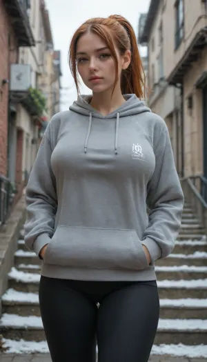 masterpiece, best quality, 1 girl, solo, kmazm, orange hair, ponytail, long hair, hair between eyes, purple eyes, (big breasts), (curvy hips), hoodie, athletic leggings, hands in pockets, T, pouty lips, V-shaped eyebrows, blush, cold, winter, stairs, city, gray sky