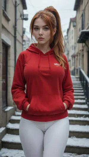 masterpiece, best quality, 1 girl, solo, kmazm, orange hair, ponytail, long hair, hair between eyes, purple eyes, (big breasts), (curvy hips), red hoodie, white leggings, athletic leggings, hands in pockets, T, pouty lips, V-shaped eyebrows, blush, cold, winter, stairs, city, gray sky