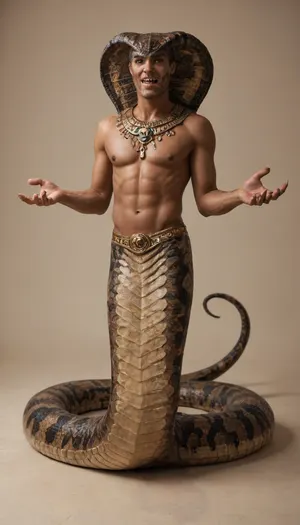 Snake man. Naga. Half snake half human. Attractive. Monster. Lamia. Male. Man. Egyptian. Scales. Snake fangs. Snake skin. Hybrid. Snake tail from the waist down. No legs. Full body. Scales on chest. Long tail. Arms. Dark skin. Jewelry. Solo male. Cobra fins. Half snake. Clawed hands. Naga. Attractive monster. Seductive monster. Claws. Fangs. Monster.
