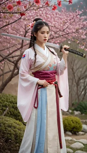 Fantasy art, unusual, original, artistic, warm, slightly darkened, soft professional photography {fantasy art, Korean female warrior, with a serious look, head held high, in traditional Korean clothing made of semi-transparent fabric, holding a Hwanndo sword in her hand, correct grip, standing in a colorful garden with cherry blossoms and hibiscus}, Associated Press photo, editorial photo, Photo of the Year, soft contrast, soft saturation., <lora:Detailed_female_hands-000001:.8>, ovhatt, bothnd, onehnd, front, view, side, overhead, attacking, with, <lora:OverheadAttack.0.9:.8>, china, goddess, <lora:sdxl_chinagoddess:.8>