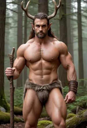 Half deer. Druid. Muscular. Antlers. Male. Deer hooves. Deer tail. Person. Man. Solo Man. Muscular. Rugged. Forest alter. Thick chest hair. Bodybuilder muscles. Elvish face. Big broad animal like nose. Digigrade legs. Hybrid. Half furry. Loin cloth. Silks. Big rack, (of antlers), . Sashes. Furs. Cloth sash across chest. Clean shaven face. Hooves. Deer satyr. Long hair. Body hair. Thick furry chest. Bulging muscles. Veiny muscles. Pagan ceremony at alter. 1 set of ears. Wooden staff. Elf. Warcraft. Half deer, half elf.