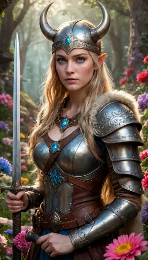 The highly detailed fantasy artwork depicts a woman with a sword in a flower garden. A fantastic Viking in the garden of Fólkvangr. A young Norse woman, 20 years old, stands amidst colorful flowers and lush vegetation in a garden of Fólkvangr. She wears stylized Viking attire, leather armor adorned with accessories, fur, a horned helmet, and a Viking sword. Her determined expression is characterized by her piercing blue eyes. She firmly grips a Viking sword in her right hand. The fantastical setting enhances the vibrant colors of the flowers and the soft lighting. The atmosphere evokes peace and courage. Inspired by Norse mythology and the Viking Age, (highly detailed fantasy artwork, masterpiece:1.5), .