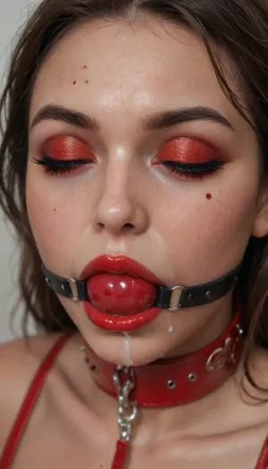 Model facing camera, close portrait, ((30 years old, italian girl, closed eyes, natural skin, skin pores)), ((slut makeup, eyeliner line, long thick eyeleash, black and red eyeshadow, dark red glossy lipstick, fard)), ((thick slave collar)), ballgag, bukkake, cum, <lora:add-detail-xl:1.3>, <lora:detailed_notrigger:1.2>, <lora:sdxl_ballgags:1.6>, <lora:MS_Real_XL_Bukkake:.8>
