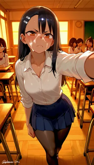 Hayase nagatoro, Look a viewer, frown, face covered cum, cum on face, facial cum, angry expression, walking, classroom, pantyhose, Model, fully clothed, selfie