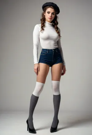 18 century, full body view of a 29 years old adult woman, dressed in knee-high socks and high heels, ultra-sharp details, realistic skin texture, refined contrast, 8k detail, authentic facial expression, clean composition, (maximum photo quality:1.4), (maximum resolution:1.5), white background