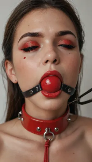 Model facing camera, close portrait, ((30 years old, italian girl, closed eyes, natural skin, skin pores)), ((slut makeup, eyeliner line, long thick eyeleash, black and red eyeshadow, dark red glossy lipstick, fard)), ((thick slave collar)), ballgag, harnessgag, <lora:add-detail-xl:1.3>, <lora:detailed_notrigger:1.2>, <lora:sdxl_ballgags:1.3>, <lora:harnessgag_xl-000003:1.6>