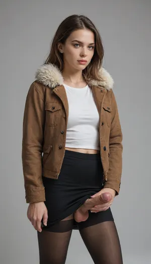 masterpiece, amazing quality, newest, absurdres, highres, highly-detailed, detailed face, glossy hair, down jacket, fur trim, skirt, pantyhose, simple background, futanari, mastrubation, erect penis, hard penis, sagging testicles, veiny cock, leaking precum, throbbing cock