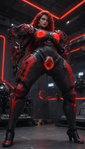 Princess Ariel, (robotic black mech red neon glowing armor:1.9), futuristic plasma-gun, spaceship interior, (hyper spread pussy, hyper gaping pussy, doing standing gymnastics), <lora:Mecha_Ggorgeous_Armor-000011:1>