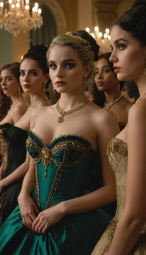 Cinematic, 35mm, Golden Hour, sumptuous ballroom, debutant's ball, goth girl dressed like a prostitute, is surrounded by beautiful debutants standing around her, the girls wear expensive ball gowns, gowns are a variety of styles and colors, green, eyes, blue, brown, perfecteyes, <lora:PerfectEyesXL:.1>, <lora:lora-sdxl-perfect-eyes:.8>