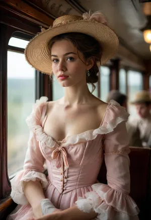 Create a photorealistic, high-resolution scene set in the late 19th-century Wild West. Inside a stinky dusty crowded vintage train carriage, a sweaty but elegant 22 years old woman fucks a trapper by the window, surrounded by rough unkrempt men, dressed in a delicate, pastel pink dress typical of the era, oversized elegant straw hat, She holds a small parasol adorned with light frills and wears white silk gloves. Her expression is calm and hopeful as she gazes out the window, perhaps at a breathtaking landscape, like the Niagara Falls, In stark contrast to her delicate appearance, the rest of the carriage is filled with rugged trappers and hardened revolver heroes, creating a vivid juxtaposition. The interior details should highlight the contrast between the innocence of the young woman and the roughness of the other passengers. The scene should be rich in detail, focusing on the textures of her clothing, the elegance of her accessories, and the dynamic atmosphere inside the train, (maximum detail), (super realistic photo:1.4), cloudy, smoke, atmospheric, clouds, fog, (with, blushing, cheeks:1), <lora:MJ52:.6>, <lora:Cloudy_Style:.4>, <lora:crowd_notrigger:.7>, <lora:Portrait_perfection:.8>