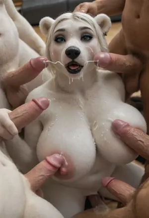 (Top view), ((polar bear woman:1.2)), horny, huge ass, Anthro, anthrofied, bear, Bob cut, living room, huge breasts, big thighs, makeup, huge thick lips, black lips, (gangbang, multiple cumshots, holding multiple cocks, cum on face, double penetration), (((furry art, anthro woman)))