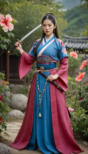 Fantasy art, unusual, original, artistic, warm, slightly darkened, soft professional photography {fantasy art, Korean female warrior, with a serious look, head held high, in traditional Korean clothing made of semi-transparent fabric, holding a Hwanndo sword in her hand, correct grip, standing in a colorful garden with hibiscus flowers}, Associated Press photo, editorial photo, Photo of the Year, soft contrast, soft saturation., ovhatt, bothnd, onehnd, front, view, side, overhead, attacking, with, china, goddess, <lora:Detailed_female_hands-000001:.8>, <lora:OverheadAttack.0.9:1.4>, <lora:sdxl_chinagoddess:.8>