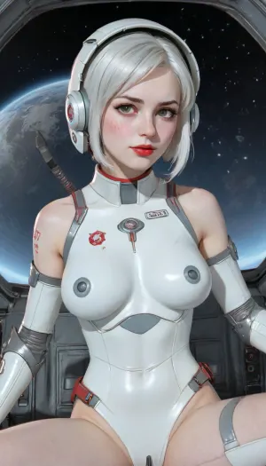 solo, full body, white hair, short hair cut, hair clip, red lipstick, eyeshadow, long eyelashes, lot of freckles, flirting, left Cyborg robot arm and hand, Nuka Girl from Fallout 4, astronaut on moon-like alien surface, headset, (astronaut helmet), spacesuit, unzipped spacesuit, unzipped crotch showing open cameltoe pussy, bushy white pubic hair, vum flowing, cumshot, nipple bulge, sitting in cockpit of spaceship, low gravity, (cum flying in low gravity), earthrise in background, dark space, Milky Way, (reiq style, in artstyle of Melkor Mancin), score_9, score_8_up, score_7_up, <lora:cartoon_stickers_xl_v1:.8>, <lora:ratatatat74-000050:1.3>, <lora:cfg_scale_boost:.8>, D.Va, <lora:DiVa-SDXL:.8>