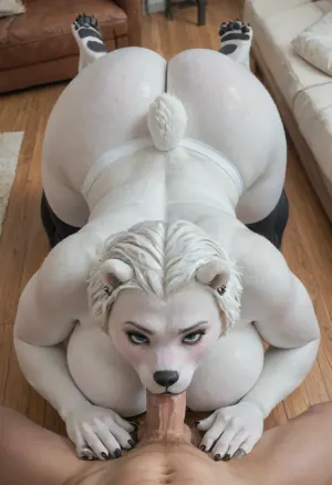 ((anthro, polar bear woman:1.42)), horny, huge ass, Anthro, anthrofied, bear, Bob cut, living room, yoga pants, voluptuous body, huge breasts, big thighs, fullbody, lean body, (feet, paws:1.21), (((deepthroat:1.2))), (deepthroat:1.1), finger claws, (male pov, above view), makeup, huge thick lips, black lips, saliva dripping from mouth, (((furry art, anthro woman))), (floating arms, hands holding woman's head), ultra detailed face, <lora:cartoon_stickers_xl_v1:1.4>, <lora:hentai_anime_style_xl_v1:1.4>, <lora:AnimatedNightmaresStyle:1>, <lora:EnvyBeautyXL02:1.4>