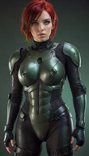head to toe image of an android girl full black and dark green plastic full body armor with green and red hair in a long pixie cut hair seen from the 3/4 side, luminescent Bright Green eyes, all black background, d-cups, <lora:220437_training_data:.5>, <lora:Venus_Body_Alpha:.5>, <lora:SDXL_BetterFaces-LoRA_v1:.8>, <lora:Saggo_XL:.8>, <lora:style_lora_realis:1>