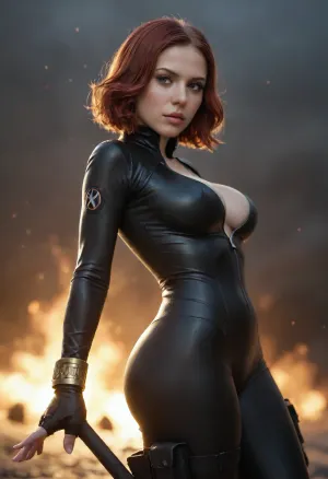 Marvel_Black_Widow, Scarlet_Johansson, 1girl, score_9, score_8_up, smooth_anime, red hair, wavy short hair, high quality eyes, perfect eyes, green eyes, matching eyes, source_cartoon, uncensored, large breasts, skin tight black bodysuit, cleavage to naval, unzipped, sexy, posing, mouth open, one eyebrow raised, standing, boobs focus, black fingerless gloves, small gold bracers, five fingers, ((Russian winter background)), backlight glow, thick thighs, bubble butt, hand on hip, leg holster, side view, explosion in the distance
