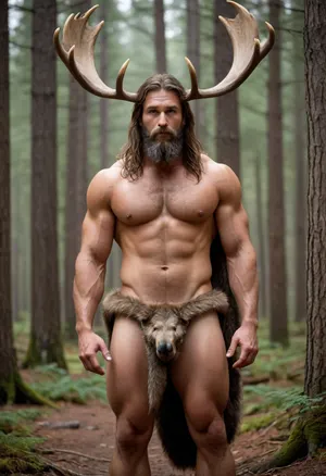 Half moose. Druid. Muscular. Antlers. Male. Moose hooves. Moose tail. Person. Man. Solo Man. . Praying at Pagan alter. Muscular. Rugged. Wild man. Forest alter. Thick chest hair. Bodybuilder muscles. Human face. Big broad animal like nose. Digigrade legs. Hybrid. Half furry. Loin cloth. Silks. Big rack, (of antlers), . Sashes. Furs.