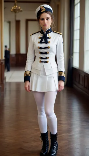 girl, naval officer, white short jacket, high shako, leggings, lace-up boots