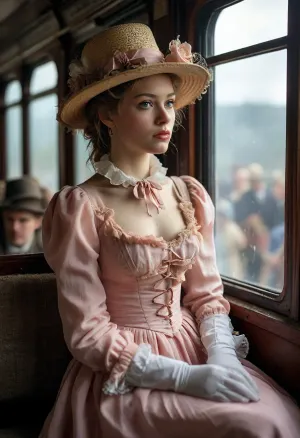 Create a photorealistic, high-resolution scene set in the late 19th-century Wild West. Inside a stinky dusty crowded vintage train carriage, a sweaty but elegant 22 years old woman sits by the window, surrounded by rough unkrempt men, dressed in a delicate, pastel pink dress typical of the era, oversized elegant straw hat, She holds a small parasol adorned with light frills and wears white silk gloves. Her expression is calm and hopeful as she gazes out the window, perhaps at a breathtaking landscape, like the Niagara Falls, In stark contrast to her delicate appearance, the rest of the carriage is filled with rugged trappers and hardened revolver heroes, creating a vivid juxtaposition. The interior details should highlight the contrast between the innocence of the young woman and the roughness of the other passengers. The scene should be rich in detail, focusing on the textures of her clothing, the elegance of her accessories, and the dynamic atmosphere inside the train, (maximum detail), (super realistic photo:1.4), cloudy, smoke, atmospheric, clouds, fog, (with, blushing, cheeks:1), <lora:MJ52:.6>, <lora:Cloudy_Style:.4>, <lora:crowd_notrigger:.7>, <lora:Portrait_perfection:.8>