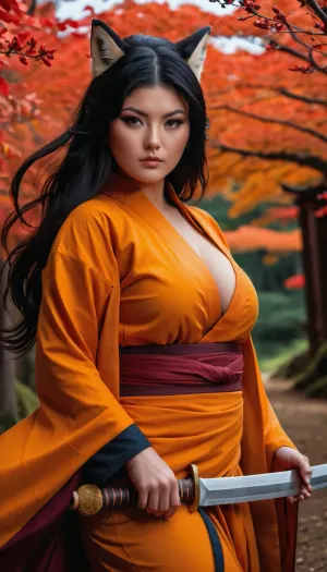 High-quality, highly detailed, cinematic, 8K, HD photo, a masterpiece. Perfect digital art.

Chubby woman, white skin, long black hair, medium breasts, shaved vagina, (((she is a sensual version of Kurama, the nine-tailed fox from Naruto))), shuriken, daggers, ninja weapons.