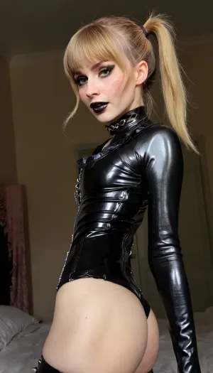 Photorealistic erotic photo, professional erotic artistic photography, highest-resolution, 32k uhd, hdr, 120mm film photo, breathtaking gorgeous goth anorexic fitness egirl, 18 years old, extremely pale white skin-tone, astonishing beautiful skinny face, black lipstick, heavy eyeliner and eye makeup, extremely thin arched eyebrows, grey-green big natural eyes, (luxurious Baroque mansion bedroom:1.5), (stunning beautiful punk mistress:1), wearing in a short tight black goth latex corset, latex tight shorts, fingerless latex gloves with long sleeves, mesh stockings, latex choker with spikes, (lascivious pose on bed:1), (long dark-blonde hair with bangs and side ponytail:1.2), (skinny anorexic body:1.3), (sadistic attitude:1), photorealistic skin details, freckles, moles, pimples, dimples, acne, (random close view and random angle:1.5), chiaroscuro play of light and shadows, ac_neg1, 4ng3l, face, <lora:SDXL_BetterFaces-LoRA_v1:.8>