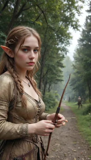(Masterpice), (HD4K visual), (detailed background), 4K ultra-detailed image, HDR, enhancement, professional photography, clear face, detailed face, precise anatomy, (perfect symmetry), (5 fingers per hand), realistic textures, maximum resolution, sharp focus, NSFW, (tall thin female elf from Lord of the rings), Lord of the Rings, thin frame, medium breasts, long braided blond hair, majestic facial features, blue eyes, and a golden armor set full gear, waiting for a ambush in a tree house looking over a path, (holding a bow and arrow in hands, shooting a bow and arrow, shooting arrows from a bow, arrow quiver back), close up, lotr, hoblotr, <lora:Elven_Style_V1:1.4>, <lora:LordoftheringsSTYLE_sdxl_lora:1.4>, <lora:bow01_xl:1.4>