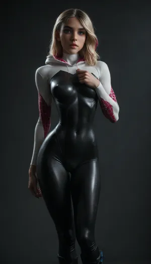 (((18 years old))), (((young))), (spider girl Gwen Stacy), Braided side Side Cornrows white Hair, (seductive shy face), (black tied high-platform boots), (seductive sexy pose), ((tight outfit)), (athletic body:1.5), (athletic abs and legs:1.1), (hip gap:1.3), wide hips, (narrow waist:1.6), (white hair), (view from side:1.3), (side view:1.3), standing into the office, (makeup), ((pussy cameltoe:1.4)), (wet oiled clothes), (makeup:1.4), (oiled skin:1.7), (wet tight bodysuit:1.8), hand, 1girl, (athletic ass), (high detailed face:1.5), dim lights, (hard nipples:1.3), (big perky boobs:1.2), big breast, (chiaroscuro lighting:.3), <lora:HandFineTuning_XL:1>, <lora:MGLRbodysuit_sdxl:.6>, <lora:uberfit_lora_sdxl:.4>, <lora:dark:.3>, <lora:M0llY_PARK3R-000001:.8>