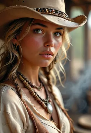 Photorealistic Wild West scene, intimate but calm moment between two women, medium close-up including upper bodies, cinematic natural lighting, shallow depth of field. A blonde, sun-kissed revolver heroine and a dark skinned Indigenous American woman face each other in quiet connection, visible cozy fingertip strokes as she gently touches across her friend’s skin. The revolver heroine has light skin, sun-tanned, eyes softly closed, trusting and peaceful expression. She wears a weathered cowboy hat, a loosely tied neckerchief, a rough linen shirt with a few buttons open, and a worn vest, classic frontier clothing with realistic fabric texture. Her posture is relaxed and open. Opposite her stands the Indigenous woman with dark, rich skin tones, calm focused gaze. She wears a traditional headdress made of natural beads of varying sizes, real pearls, feathers, and a necklace crafted from bone beads, shells, and natural materials. Every element feels handcrafted and authentic. The background is softly blurred, revealing tipis and the quiet life of a Native American village. Warm earth tones, gentle wind, dust in the air. The entire image radiates stillness, respect, and cultural contrast. Ultra-high resolution, photorealism, realistic skin pores, flawless hands and fingers, natural color grading, no modern elements, Ensure no flaws in the hands and fingers, and create a scene full of authenticity and connection, (maximum detail), (super realistic photo:1.4), cloudy, smoke, atmospheric, clouds, fog, <lora:MJ52:.6>, <lora:Super_Eye_Detailer_By_Stable_Yogi_SDPD0:.3>, <lora:BUT_SDXL_SHS:.3>, <lora:Sweaty_Realism_4-000006:.8>, <lora:Cloudy_Style:.8>