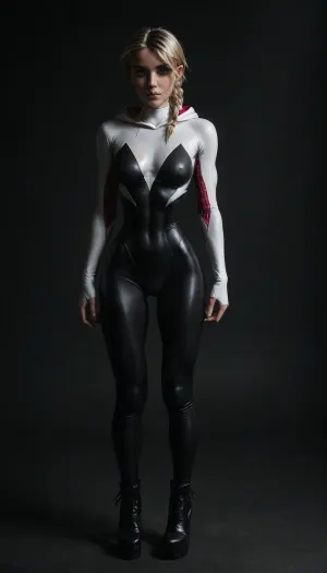 (((18 years old))), (((young))), (spider girl Gwen Stacy), Braided side Side Cornrows white Hair, (seductive shy face), (tied platform high shoes:1.4), (boots above the knee), (seductive sexy pose), ((tight outfit)), (athletic body:1.5), (athletic abs and legs:1.1), (hip gap:1.3), wide hips, (narrow waist:1.6), (white hair), (view from front:1.6), standing into the office, (makeup), ((pussy cameltoe:1.4)), (wet oiled clothes), (makeup:1.4), (oiled skin:1.7), (wet tight bodysuit:1.8), hand, 1girl, (athletic ass), (high detailed face:1.5), dim lights, (hard nipples:1.2), big perky boobs, (chiaroscuro lighting:.3), <lora:HandFineTuning_XL:1>, <lora:MGLRbodysuit_sdxl:.6>, <lora:uberfit_lora_sdxl:.4>, <lora:dark:.3>, <lora:M0llY_PARK3R-000001:.8>