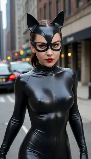 20 year old Selina Kyle known as The Cat from The Dark Knight Rises, (Maggie Gyllenhaal), wearing her small car ears, her jet black hair in a ponytail, her jet black eyes brows, dark eyeliner, wearing her masked goggles, bright red lipstick, 32C chest, muscular body, six pack, cameltoe pussy, wearing skin tight black latex cat suit, black latex gloves, down to her feet, standing on the streets of Gotham City.