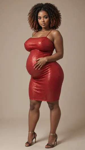 curvy tall pregnant african ssbbw, red satin bodycon mini dress, huge boobs, long curly red hair, <lora:milkers_v2:1.7>