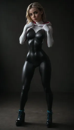 (((18 years old))), (((young))), (spider girl Gwen Stacy), Braided side Side Cornrows white Hair, (seductive shy face), (tied platform high shoes:1.4), (boots above the knee), (seductive sexy pose), ((tight outfit)), (athletic body:1.5), (athletic abs and legs:1.1), (hip gap:1.3), wide hips, (narrow waist:1.6), (white hair), (view from front:1.6), standing into the office, (makeup), ((pussy cameltoe:1.4)), (wet oiled clothes), (makeup:1.4), (oiled bodysuit:1.7), (wet tight bodysuit:1.8), hand, 1girl, (athletic ass), (high detailed face:1.5), dim lights, (hard nipples:1.2), big perky boobs, (chiaroscuro lighting:.3), <lora:HandFineTuning_XL:1>, <lora:MGLRbodysuit_sdxl:.6>, <lora:uberfit_lora_sdxl:.4>, <lora:dark:.3>, <lora:M0llY_PARK3R-000001:.8>