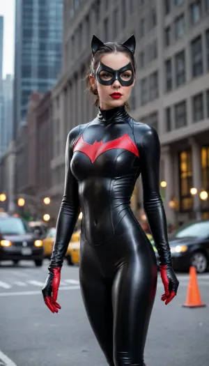 20 year old Selina Kyle known as The Cat from The Dark Knight Rises, (Rachel Weiss), wearing her small car ears, her jet black hair in a ponytail, her jet black eyes brows, dark eyeliner, wearing her masked goggles, bright red lipstick, 34C chest, muscular body, six pack, cameltoe pussy, wearing skin tight black latex cat suit, black latex gloves, down to her feet, standing on the streets of Gotham City.