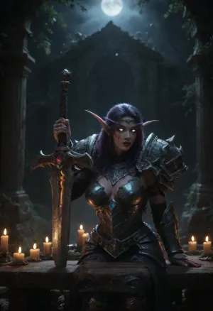 (Night elf woman, world of warcraft:1.3), dark clouds, forest floor, sitting, temple ruins, ruined temple setting, ivy hanging from walls, (fantasy sword standing aside), (ornate sword), ridged armor, oversized sword, ruined wood table, upper body, ruined pottery, purplehair, glowing blue eyes, heavily armored, heavy platemail armor, fantasy armor, jeweled armor, silver elven belt, ornate jeweled circlet, pale blue skin, <lora:dark:1>, <lora:darkfantasystyle:.8>, NEGATIVE_HANDS, cinematic, style, <lora:SDXL-World-of-Warcraft-cinematic-style-Lora-r32-000005:.8>, brazier, warm glow, glowing embers