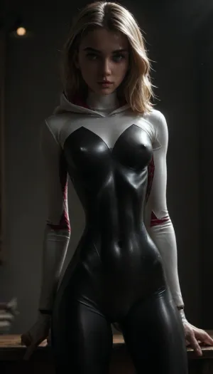 (((18 years old))), (((young))), (spider girl Gwen Stacy), Braided side Side Cornrows white Hair, (seductive shy face), (seductive sexy pose), ((tight outfit)), (skinny thin joints:1.3), (athletic body:1.5), (athletic abs and legs:1.1), (hip gap:1.3), wide hips, (narrow waist:1.6), (white hair), (view from front:1.6), standing into the office, (makeup), ((pussy cameltoe:1.4)), (wet oiled clothes), (makeup:1.4), (oiled skin:1.7), (wet tight bodysuit:1.8), hand, 1girl, (athletic ass), (high detailed face:1.5), dim lights, (hard nipples:1.3), (big perky boobs:1.2), big breast, (chiaroscuro lighting:.3), <lora:HandFineTuning_XL:1>, <lora:MGLRbodysuit_sdxl:.6>, <lora:uberfit_lora_sdxl:.4>, <lora:dark:.3>, <lora:M0llY_PARK3R-000001:.8>