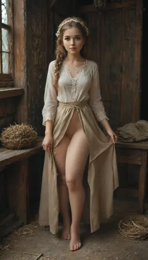medieval England, a village, into old hut, a beautiful slender mature milf, 40 year old, full-length image, peasant woman in a knee-length white linen shirt with a straight slit in the front and a turn-down collar, with wide sleeves without cuffs sewn in with gusset inserts, The sleeves of the shirt are decorated with bright embroidery at the bottom, long, narrowed at the wrist with stitched small folds, a woman wears a long dark skirt over the shirt and a light knee-length apron. The skirt gathers at the waist and is trimmed at the hem with bright braid, the apron is also decorated with braid, over this she wears a dark sweatshirt with long sleeves and a low neckline, fitted at the waist, a fringed shawl on her shoulders, Her head is covered with a scarf, her ginger hair is curled into temple braids, intertwined with wide ribbons, barefoot, skindentation, small breasts, ass, dark, chiaroscuro, low-key, <lora:zavy-cntrst-sdxl:.5>, <lora:Chubby BBW - XL:.5>, <lora:tbh45-sdxl:.6>