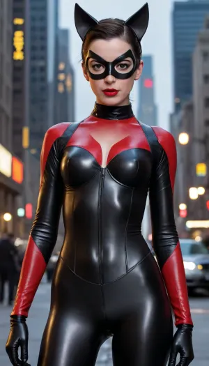 20 year old Selina Kyle known as The Cat from The Dark Knight Rises, (Anne Hathaway), wearing her small car ears, her jet black hair in a ponytail, her jet black eyes brows, dark eyeliner, wearing her masked goggles, bright red lipstick, 32C chest, muscular body, six pack, cameltoe pussy, wearing skin tight black latex cat suit, latex gloves, down to her feet, standing on the streets of Gotham City.