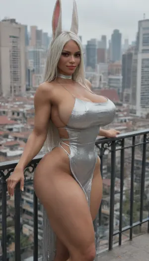 ((mirko)), tanned skin, (athletic body), seduction smirk, Perfect eyes, ((huge body)), red eyes, white hair, Hare ears, (((huge things:1.8))), huge ass, (((wide pelvis))), ((micro Evening dress with a deep neckline)), ((huge boobs:1.8)), Balcony with a view of the city, Posing for a photo, <lora:add-detail-xl:2>